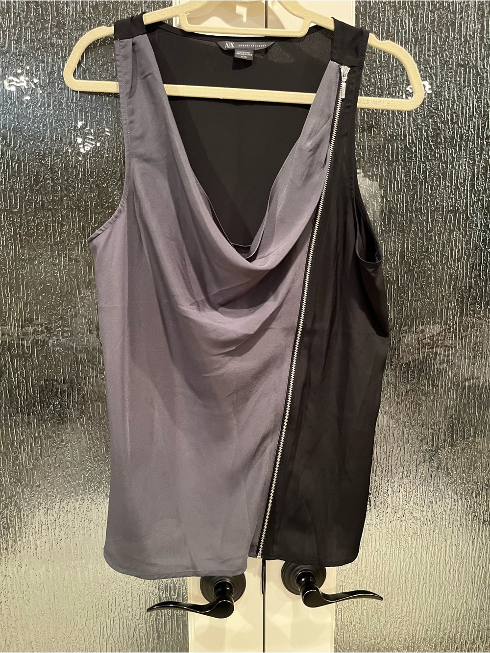 Armani Exchange Two-Tone Gray and Black Draped Zip-Front Tank
